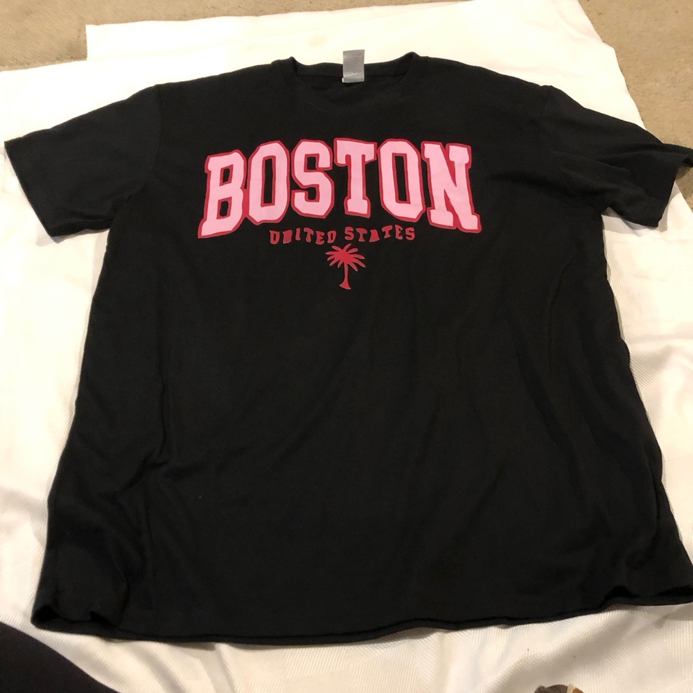 Black Boston Graphic Short Sleeve Tee with Pink Lettering